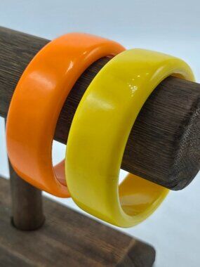 Lot of 2 Lucite Orange Yellow Bracelet Bangle Wide Plastic Statement Costume VTG